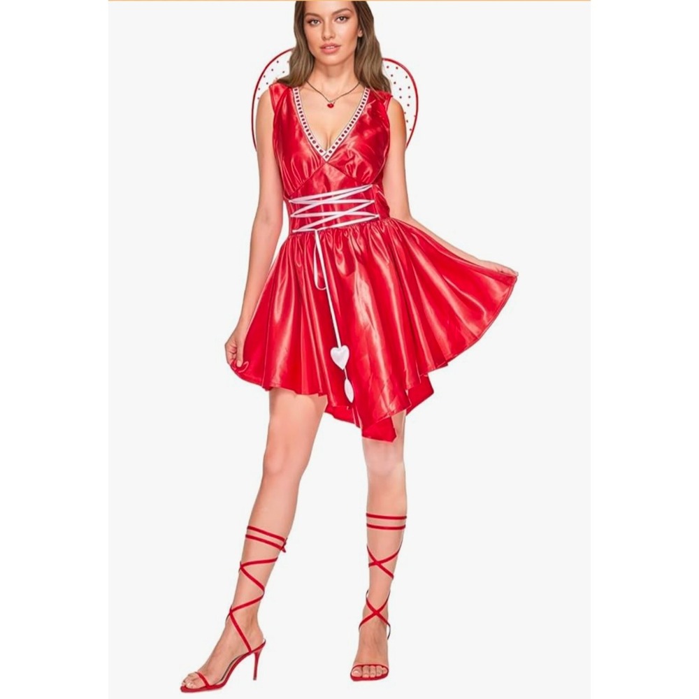 EraSpooky Women Heartbreaker Cupid Costume Red Valentine's Day Dress Heart Wings